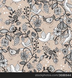 vector floral seamless pattern with birds and garlands