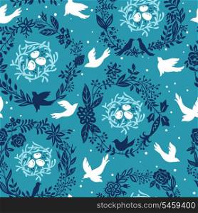 vector floral seamless pattern with birds and nests