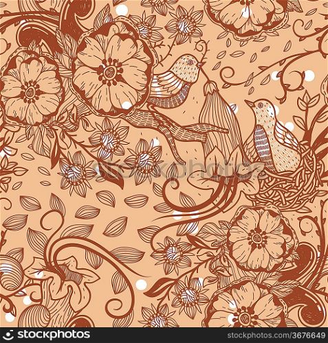 vector floral seamless pattern with birds and plants