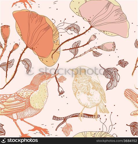 vector floral seamless pattern with birds and poppies