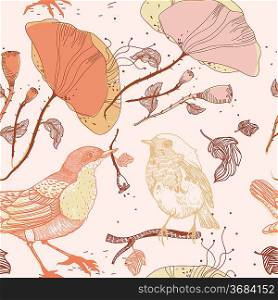 vector floral seamless pattern with birds and poppies