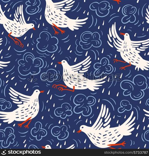 vector floral seamless pattern with birds and raindrops