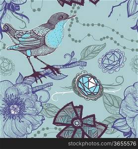 vector floral seamless pattern with birds, roses and jewelry