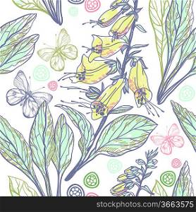 vector floral seamless pattern with blooming digitalis and butterflies
