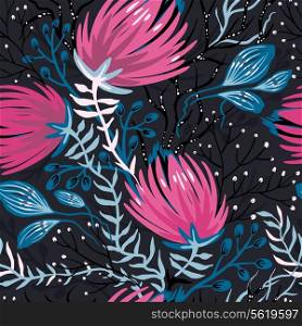 vector floral seamless pattern with blooming exotic flowers and plants on a black background