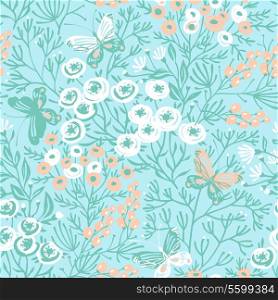 vector floral seamless pattern with blooming flowers and butterflies