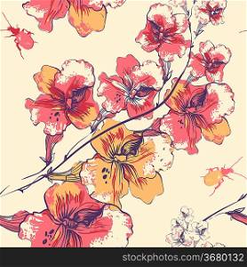 vector floral seamless pattern with blooming flowers and colorful beetles
