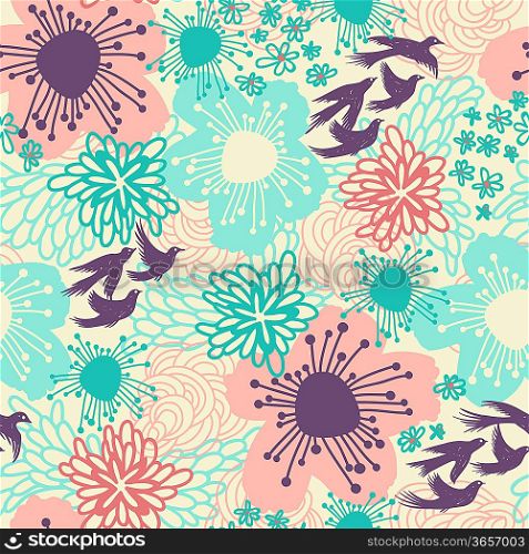 vector floral seamless pattern with blooming flowers and flying birds