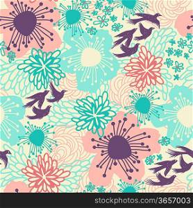vector floral seamless pattern with blooming flowers and flying birds