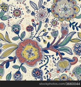 vector floral seamless pattern with blooming flowers and fruits
