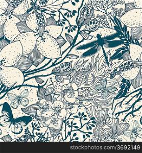 vector floral seamless pattern with blooming garden flowers