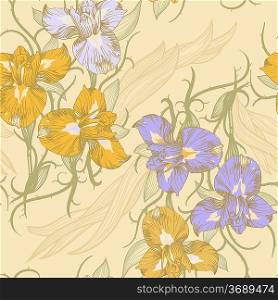 vector floral seamless pattern with blooming irises