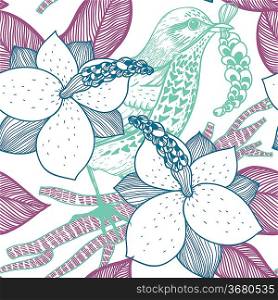 vector floral seamless pattern with blooming magnolia and forest birds