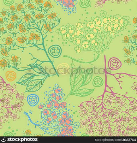 vector floral seamless pattern with blooming plants and leaves