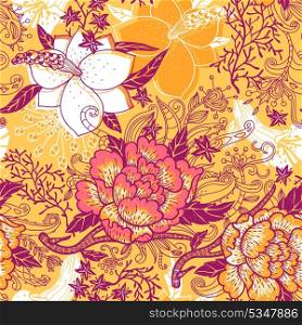 vector floral seamless pattern with blooming roses and abstract doodles
