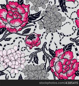 vector floral seamless pattern with blooming roses and hydrangea
