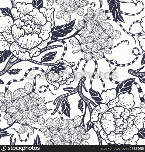vector floral seamless pattern with blooming roses and &#xA;hydrangea