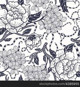 vector floral seamless pattern with blooming roses and &#xA;hydrangea