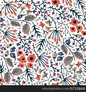 vector floral seamless pattern with blooming roses, leaves and berries
