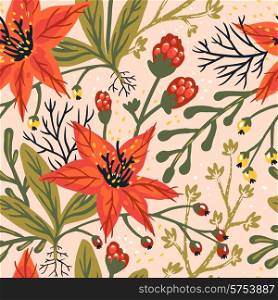 vector floral seamless pattern with blooms and berries