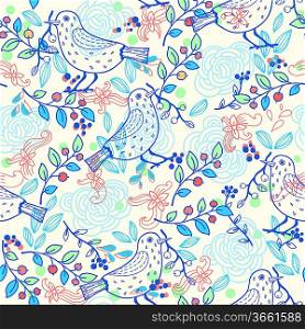 vector floral seamless pattern with blue birds and colorful plants