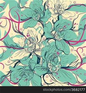 vector floral seamless pattern with blue orchids
