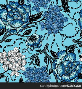 vector floral seamless pattern with blue roses