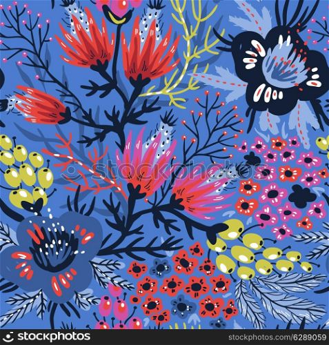 vector floral seamless pattern with bright and colorful flowers on a blue background