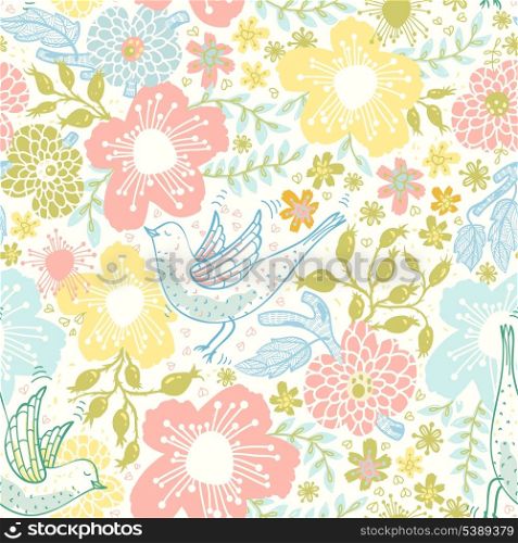 vector floral seamless pattern with bright flowers and flying birds