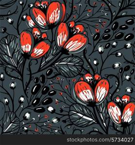 vector floral seamless pattern with bright red buds on a dark background