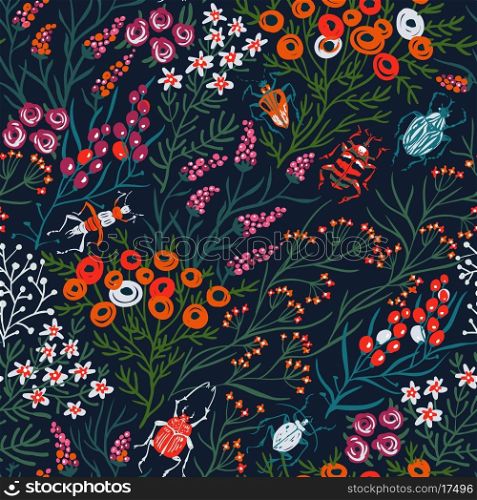 vector floral seamless pattern with colored blooms and bugs