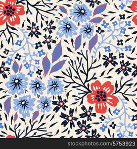 vector floral seamless pattern with colored blooms and leaves