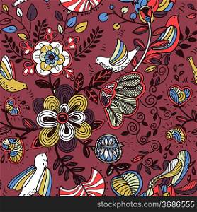 vector floral seamless pattern with colored fantasy birds and flowers