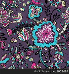 vector floral seamless pattern with colored fantasy flowers and birds