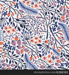 vector floral seamless pattern with colored feathers, berries and flowers
