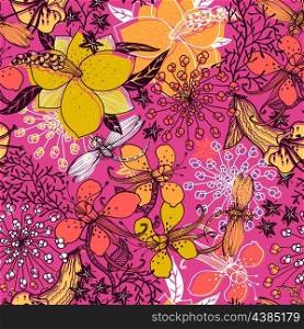 vector floral seamless pattern with colored mix of blooming flowers and herbs