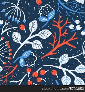 vector floral seamless pattern with colored silhouette plants and berries