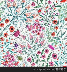 vector floral seamless pattern with colored summer blooms and insects