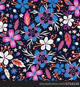 vector floral seamless pattern with colorful abstrract blooms on a dark background