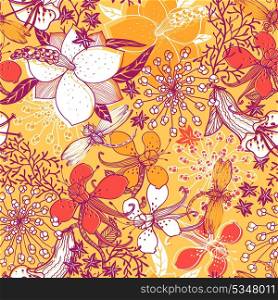 vector floral seamless pattern with colorful blooming flowers on a yellow background