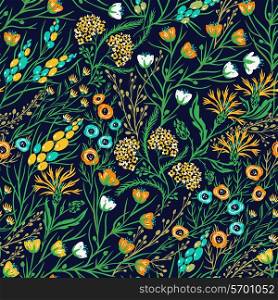 vector floral seamless pattern with colorful blooming flowers, plants and berries