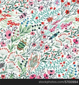 vector floral seamless pattern with colorful blooms and insects
