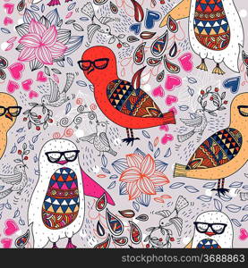 vector floral seamless pattern with colorful fantasy birds