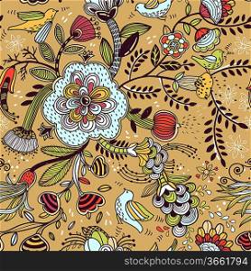 vector floral seamless pattern with colorful fantasy flowers and plants