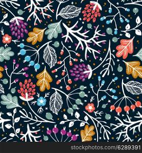 vector floral seamless pattern with colorful fantasy plants and berries