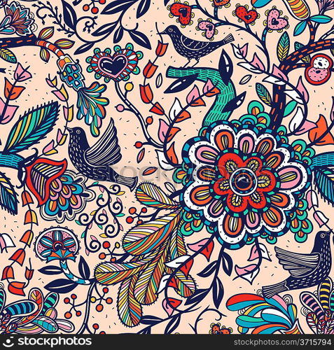 vector floral seamless pattern with colorful fantasy plants and birds