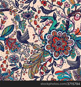 vector floral seamless pattern with colorful fantasy plants and birds