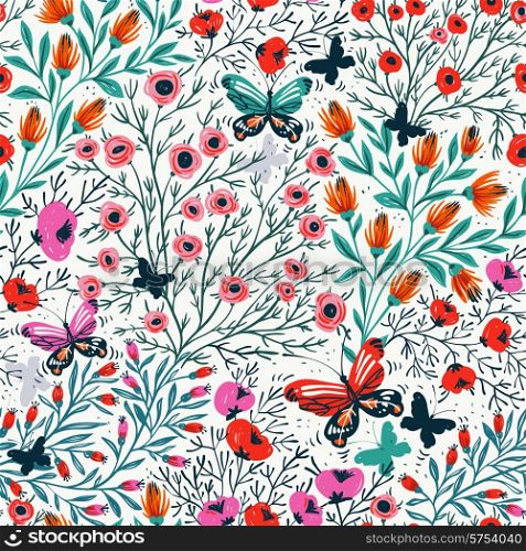 vector floral seamless pattern with colorful flowers and butterflies