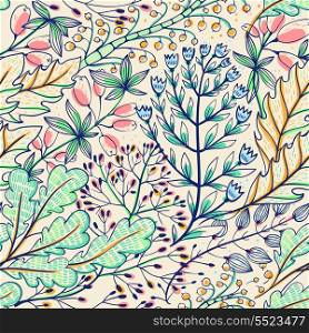 vector floral seamless pattern with colorful leaves,berries and plants