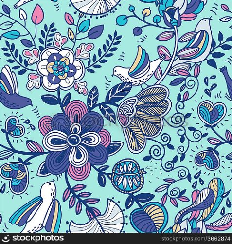 vector floral seamless pattern with colorful plants and flying birds